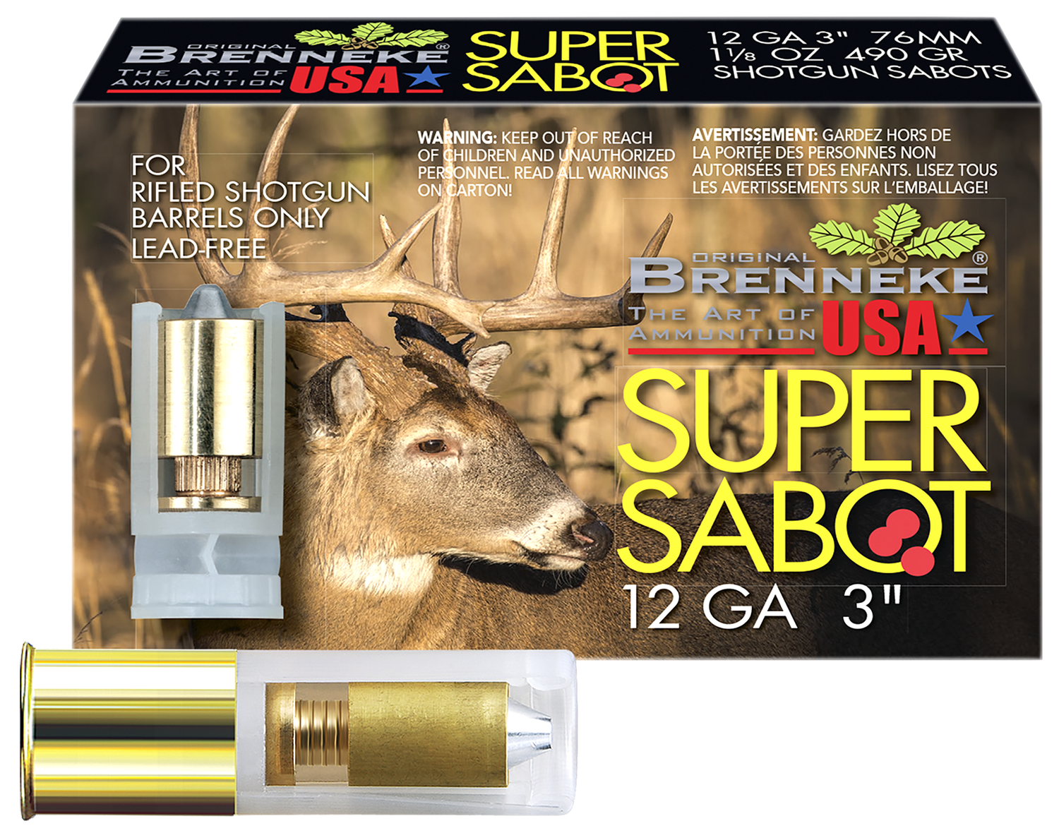 Brenneke Super Sabot Shotshells SL123SUS, 12 Gauge, 3", 1 1/8 oz, 1526 fps, Sabot Slug, 5 Rds/box