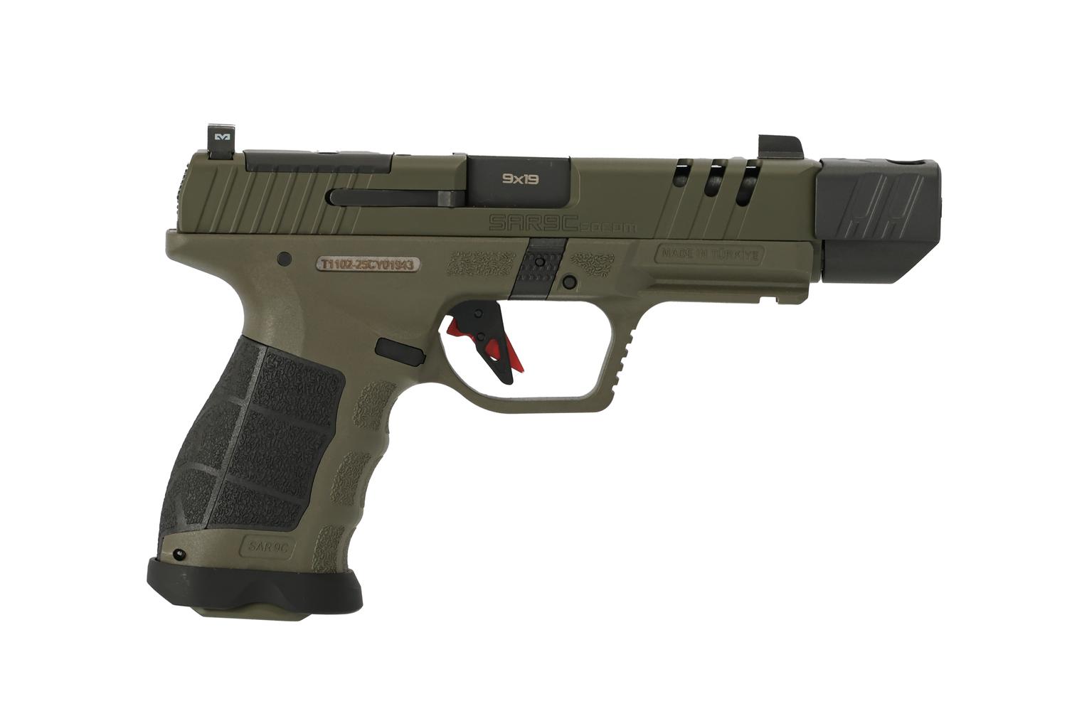 SAR USA SAR9 Socom Compact Compensator Pistol SAR9CSOCOMODC, 9mm, 4.5in, OD Green Polymer Grips, 21 Rds