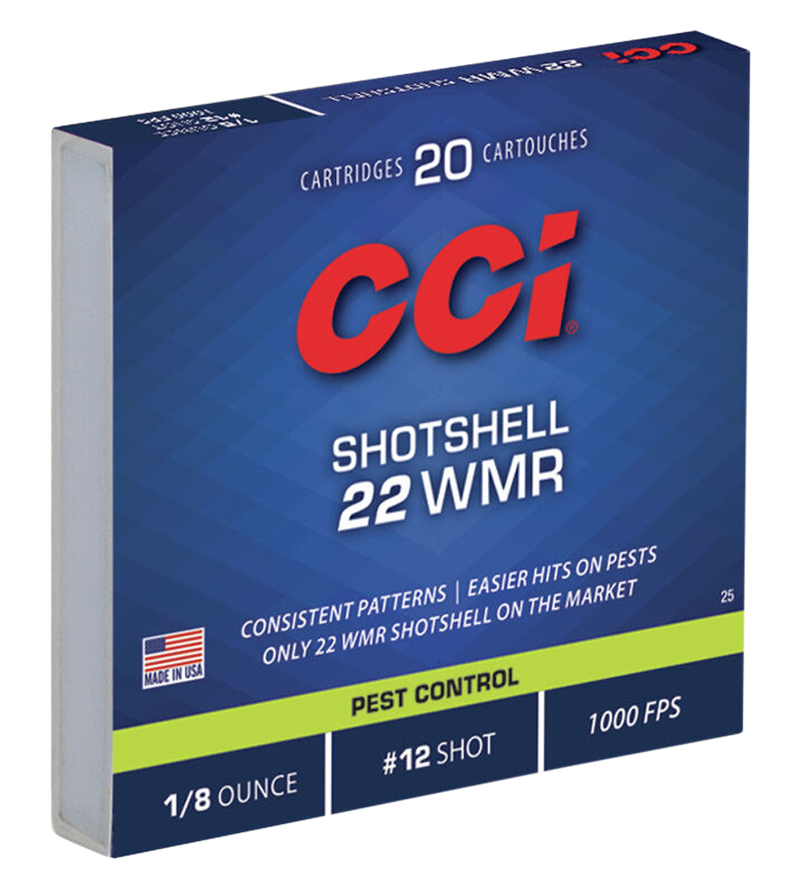 CCI Pest Control ShotShell Rimfire Ammunition 0025, 22 Magnum (WMR), #12 Shot, 52 GR, 1000 fps, 20 Rd/bx