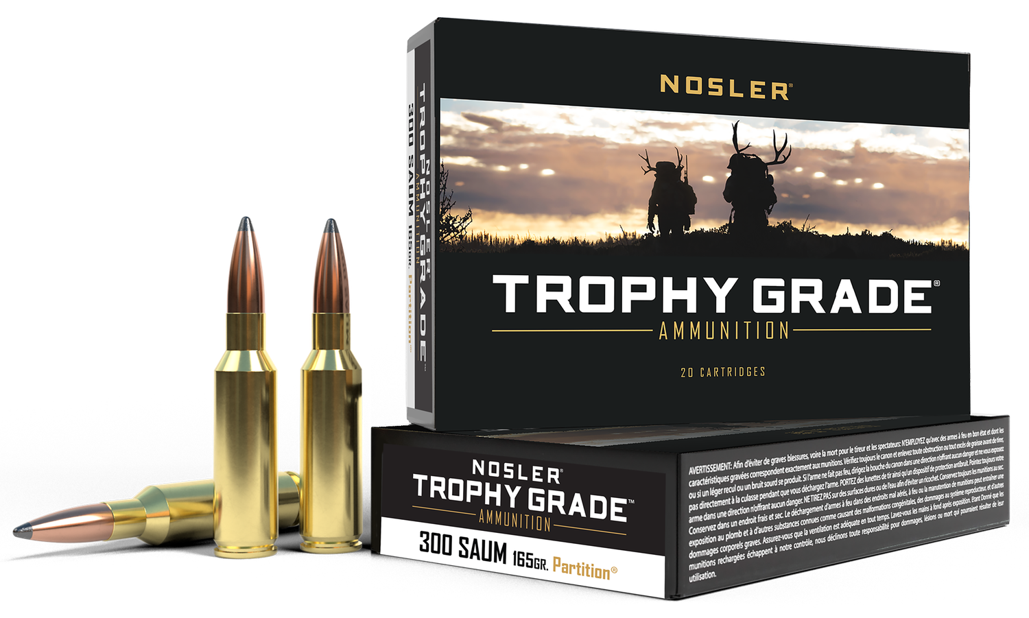 Nosler Trophy Grade Rifle Ammunition 60061, 300 Remington SAUM, Partition, 165 GR, 3000 fps, 20 Rd/bx
