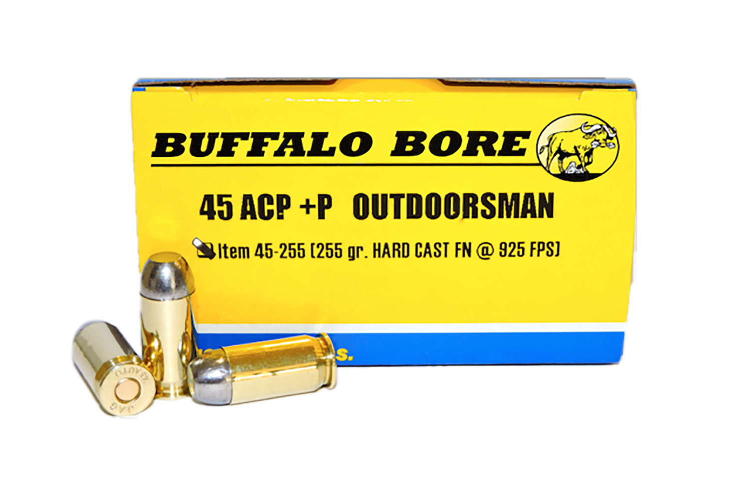 Buffalo Bore Handgun Ammunition 45-255/20, 45 ACP +P, Hard Cast Flat Nose (FN), 255 GR, 925 fps, 20 Rd/Bx