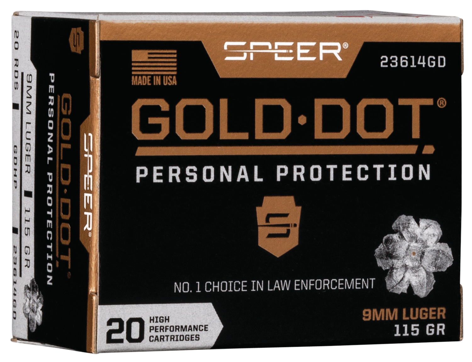Speer Gold Dot Personal Protection Handgun Ammunition 23614GD, 9MM,  Gold Dot HP, 115 GR, 1210 fps, 20 Rd/bx