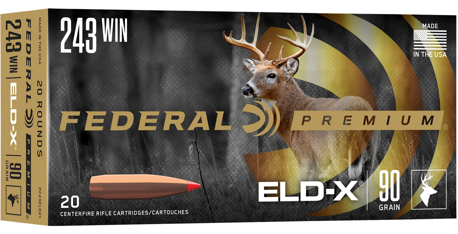 Federal Premium Rifle Ammunition P243ELDX1, 243 Win, Extremely Low Drag-eXpanding, 90 gr, 3150 fps, 20 Rd/Bx