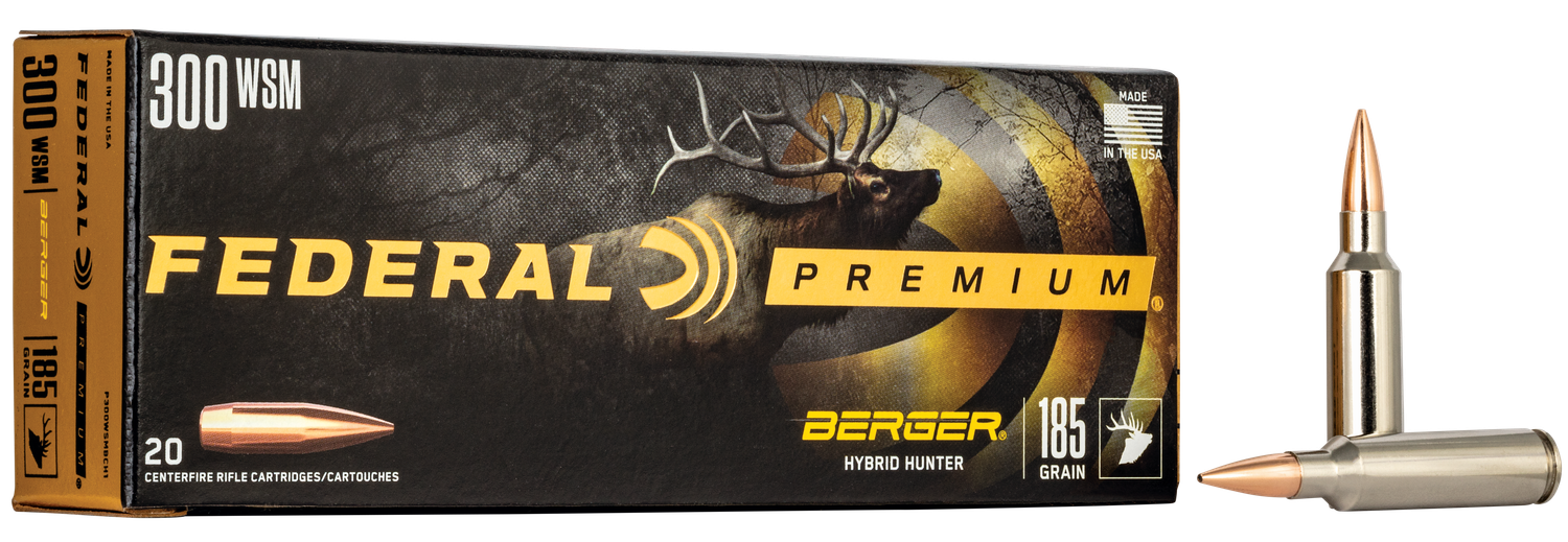 Federal Rifle Ammunition P300WSMBCH1, 300 WSM, Berger Hybrid Hunter, 185 gr, 2950 fps, 20 Rd/Bx