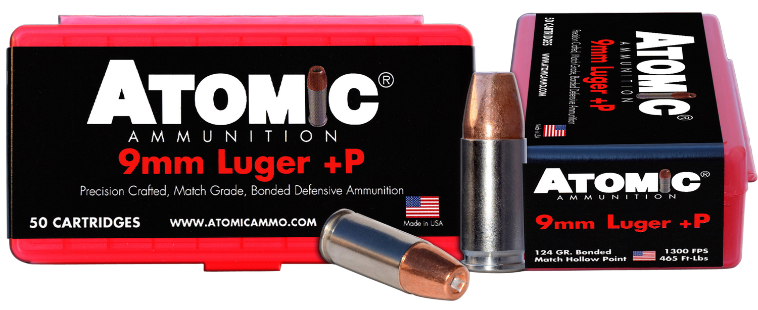 Atomic Pistol Ammunition 00409, 9mm +P, Bonded Mathc HP, 124 GR, 1300 fps, 50 Rds/Bx