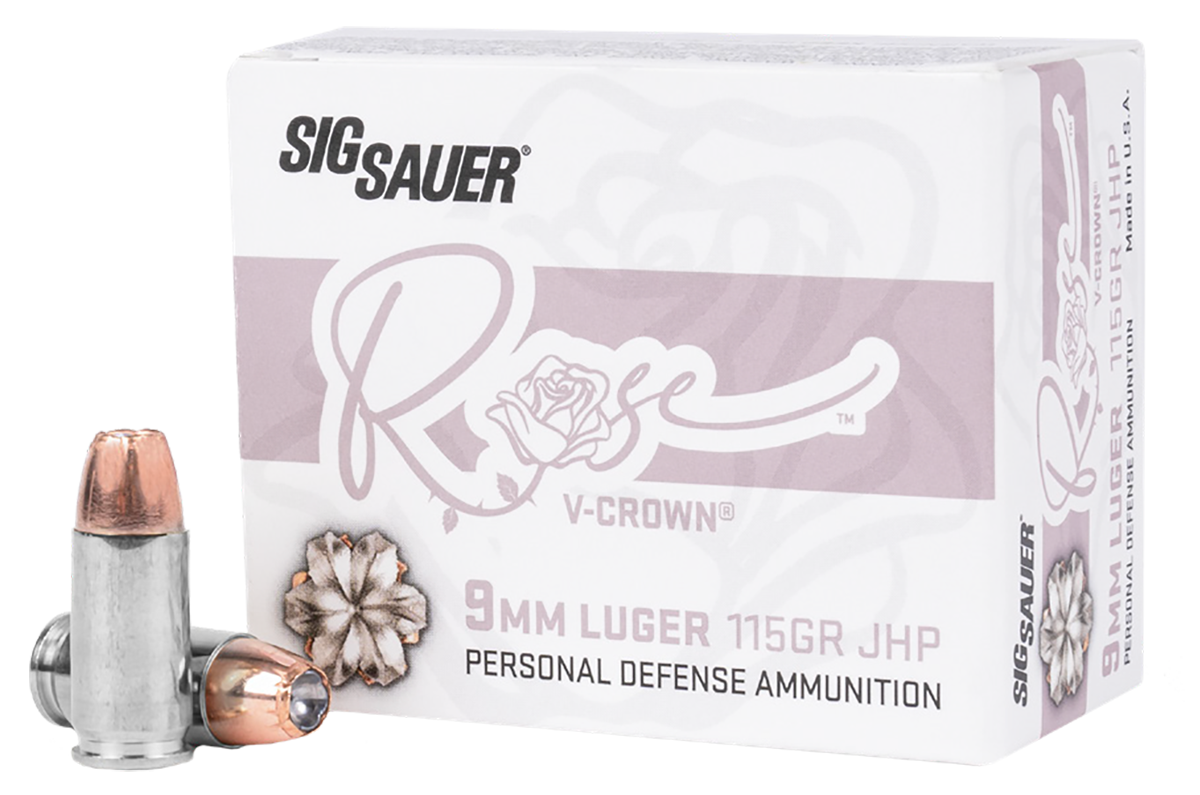 Sig Rose Pistol Ammunition E9MMA1ROSE20, 9mm Luger, V Crown JHP, 115 gr, 1050 fps, 20 Rd/Bx