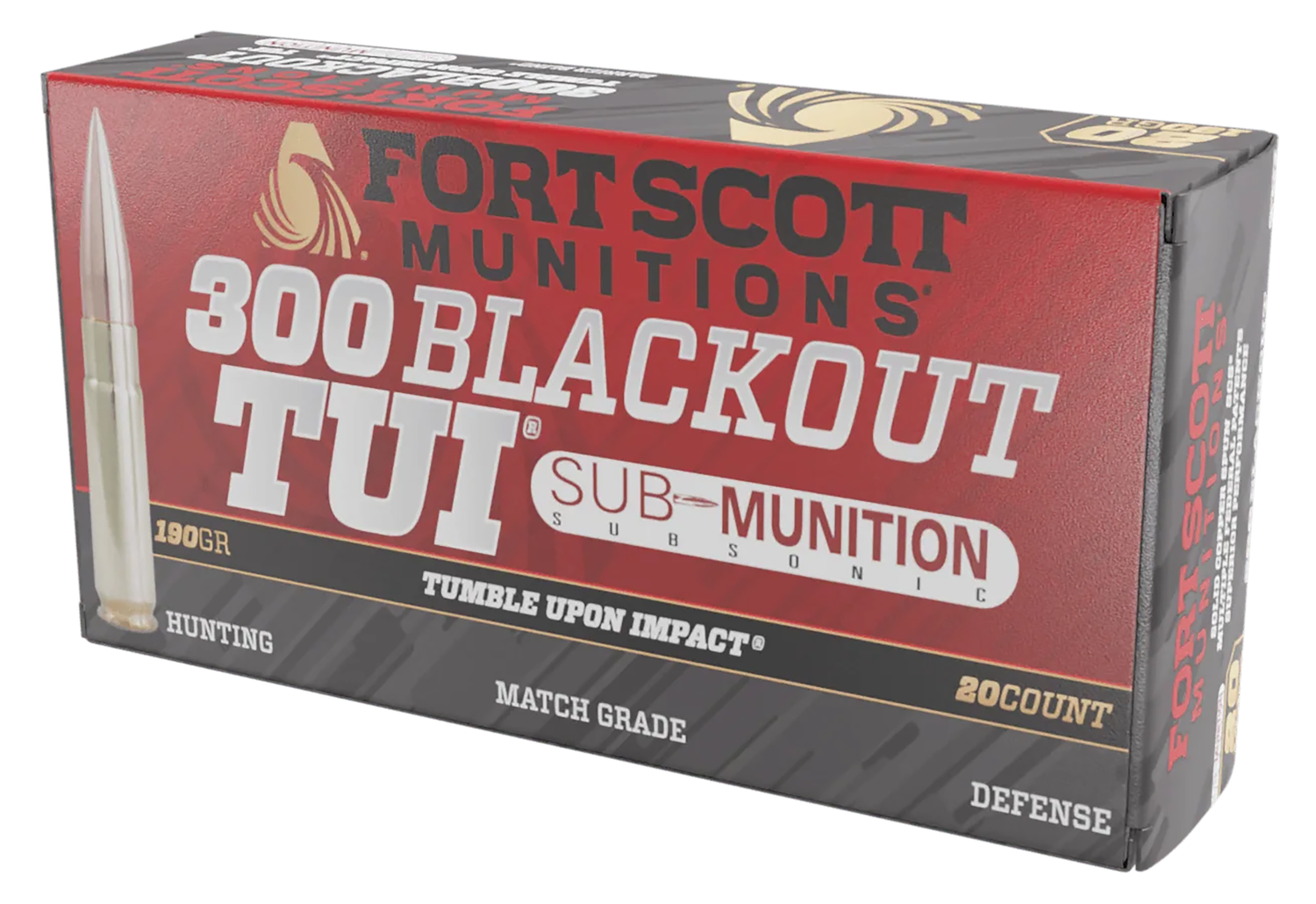 Fort Scott Munitions TUI Rifle Ammunition 300190SCVSS, 300 Blackout, Solid Copper Spun, 190 gr, 960 fps, 20 Rd/Bx