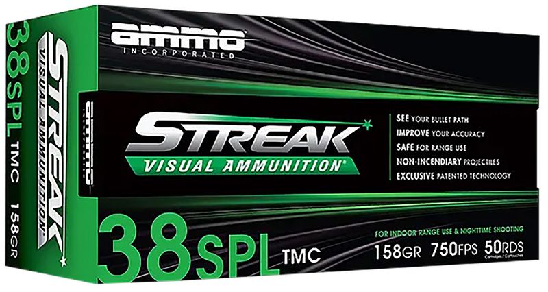 Ammo Inc Streak Visual (GREEN) Pistol Ammunition 38158TMCSTRKGRN50, 38 Special, Total Metal Case, 158  GR, 750  fps, 50 Rd/bx