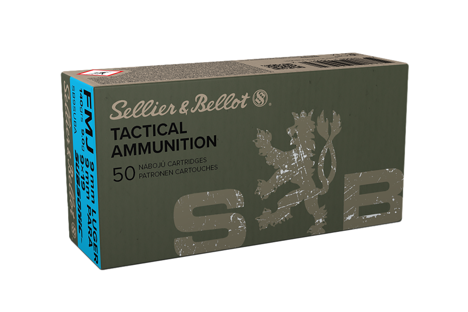 Sellier & Bellot Subsonic Pistol Ammuntion SB9SUBA, 9mm, Full Metal Jacket (FMJ), 140 GR, 1000 fps, 50 Rd/bx