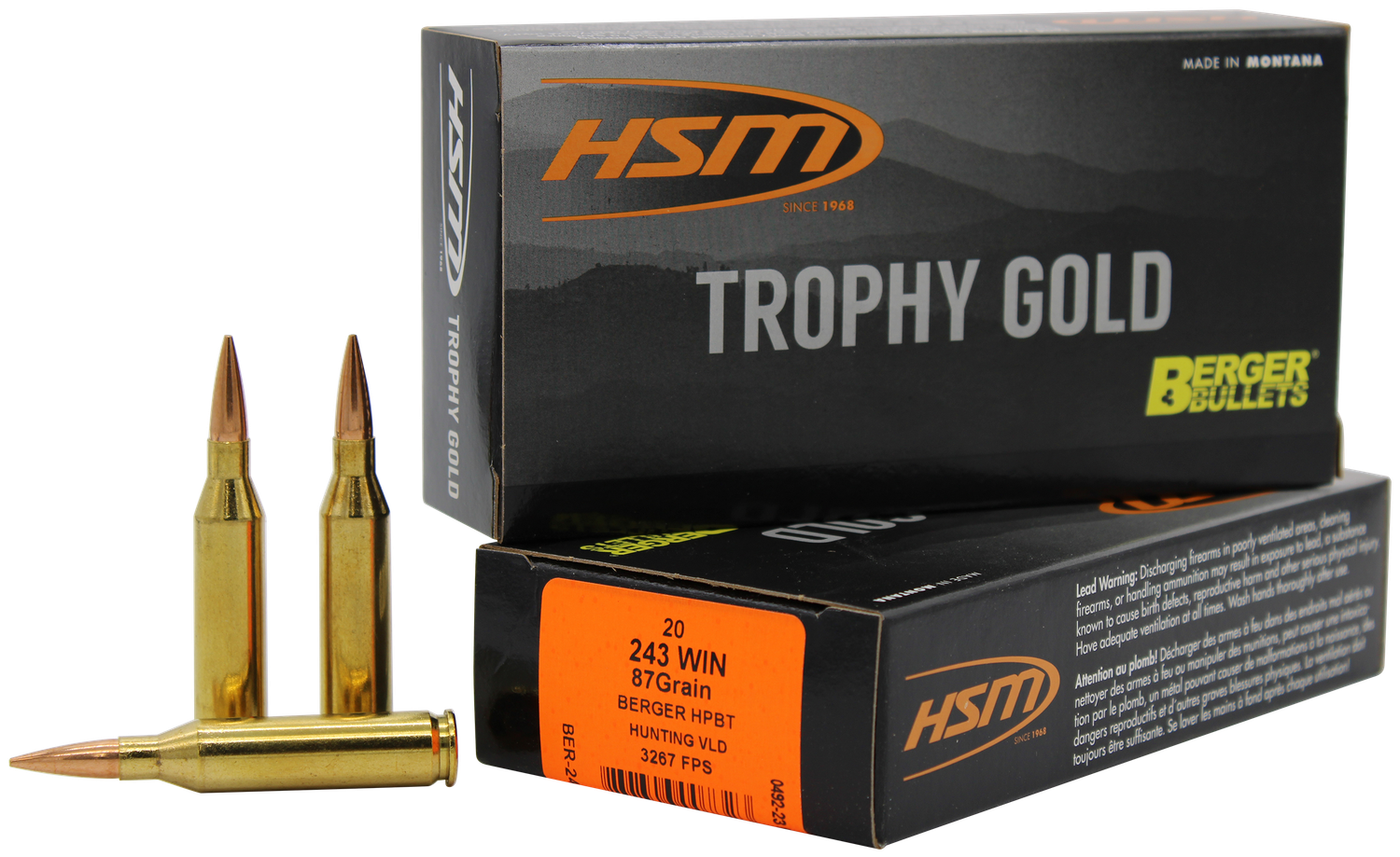 HSM Trophy Gold Rifle Ammunition 24387VLD, 243 Winchester, Berger Hunting VLD, 87 GR, 3267fps, 20 Rd/Bx