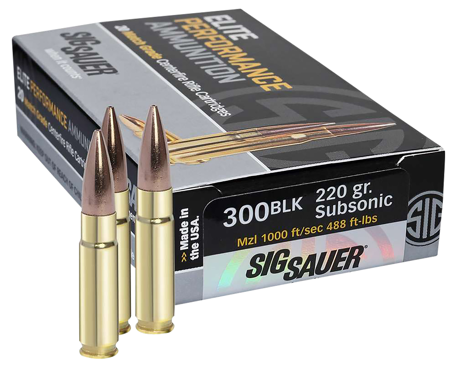 Sig Sauer Elite Performance Rifle Ammunition E300A2, 300 Blackout, Open Tip Match (OTM), 220 GR, 1000 fps, 20 Rd/bx