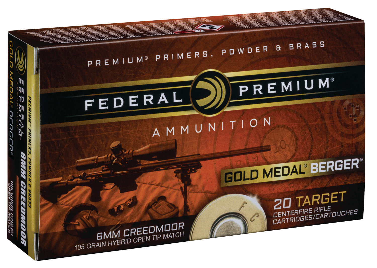 Federal Premium Gold Medal Berger Rifle Ammunition GM6CRDBH1, 6MM Creedmoor, Berger Hybrid, 105 GR, 3025 fps, 20 Rd/Bx