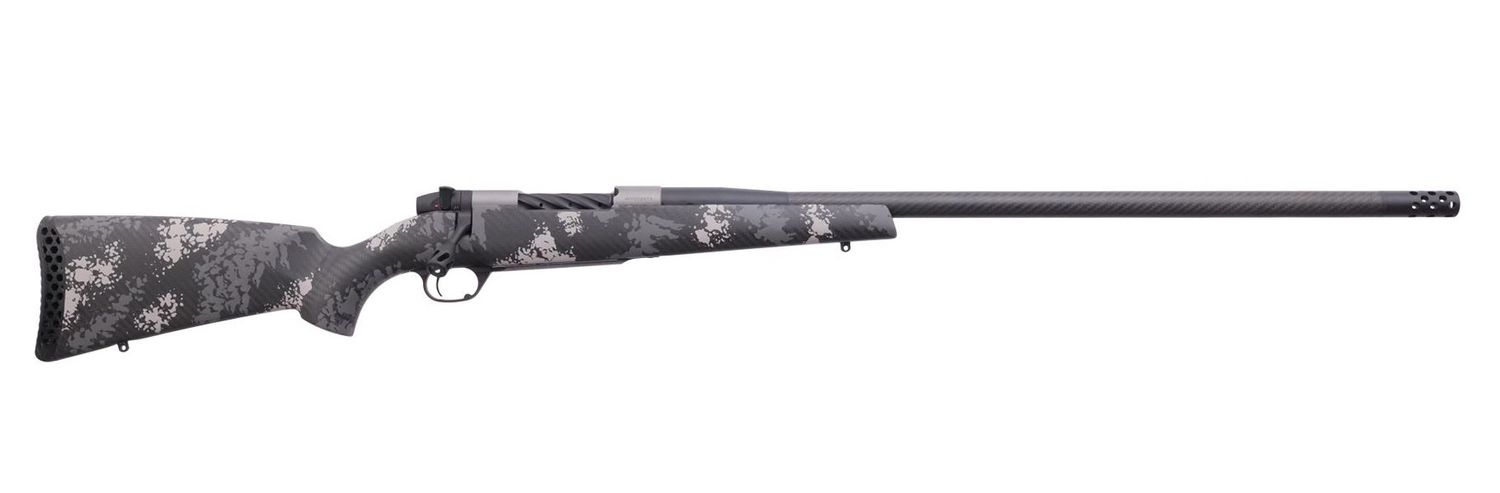 Weatherby Mark V Backcountry Ti Carbon Rifle MCT20N338WR2B, 338 Weatherby RPM, 20", Carbon Fiber W/grey & White Stock, 4 Rds
