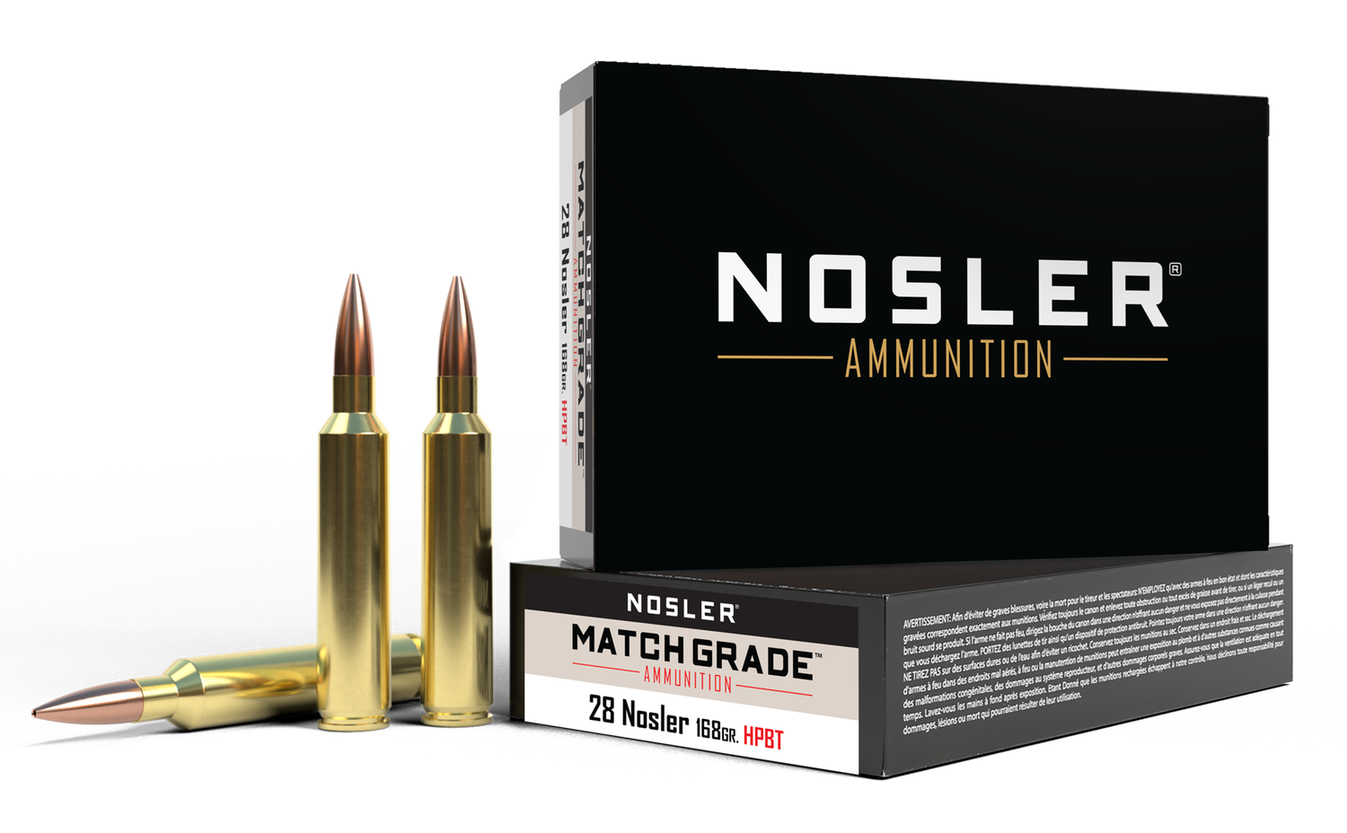 Nosler Match Grade Rifle Ammunition 51287, 28 Nosler, Custom Competition, 168 GR, 3075 fps, 20 Rd/Bx