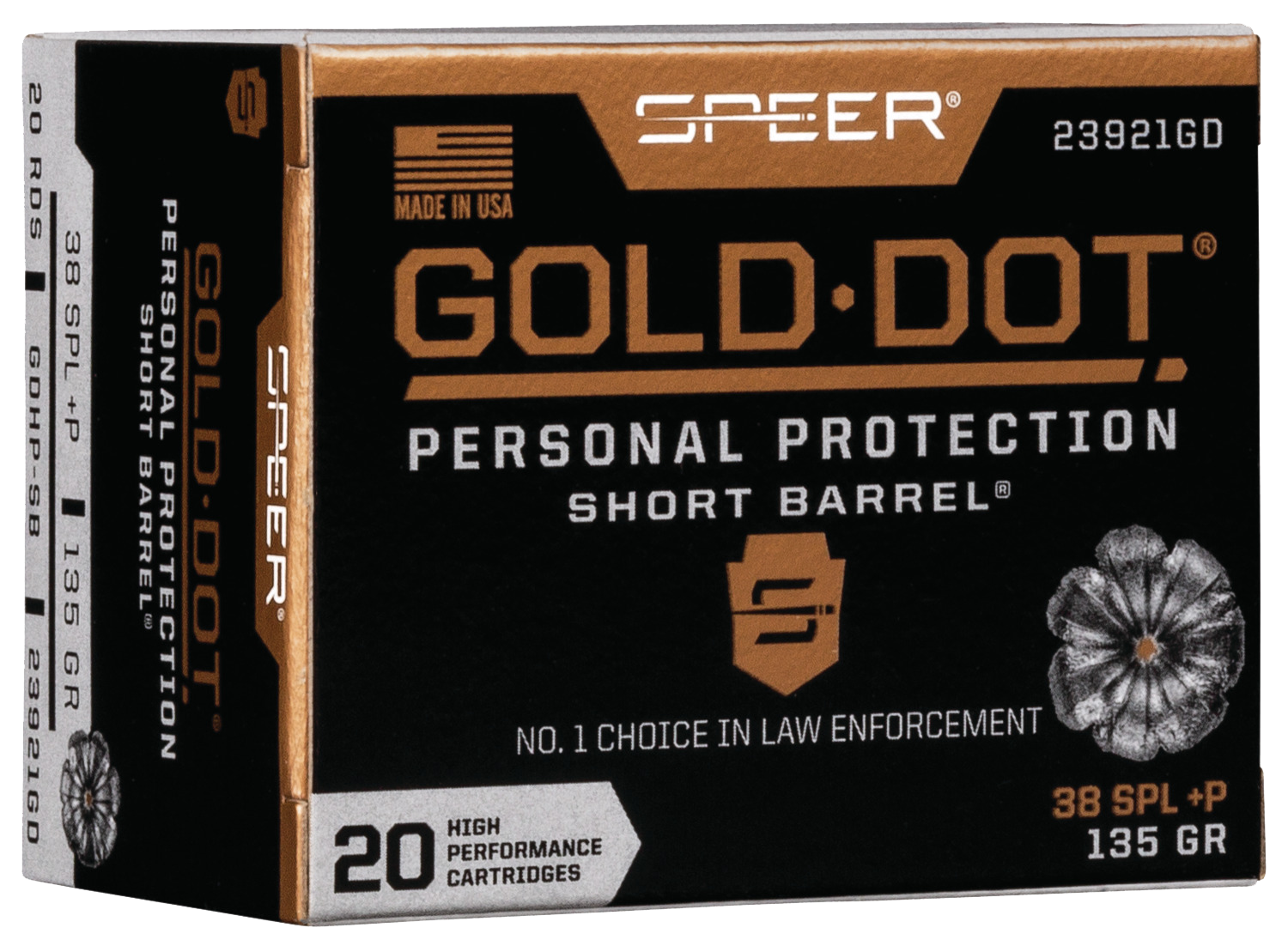 Speer Gold Dot Short Barrel Personal Protection Handgun Ammunition 23921GD, 38 Special+P, Gold Dot HP, 135 GR, 860 fps, 20 Rd/bx