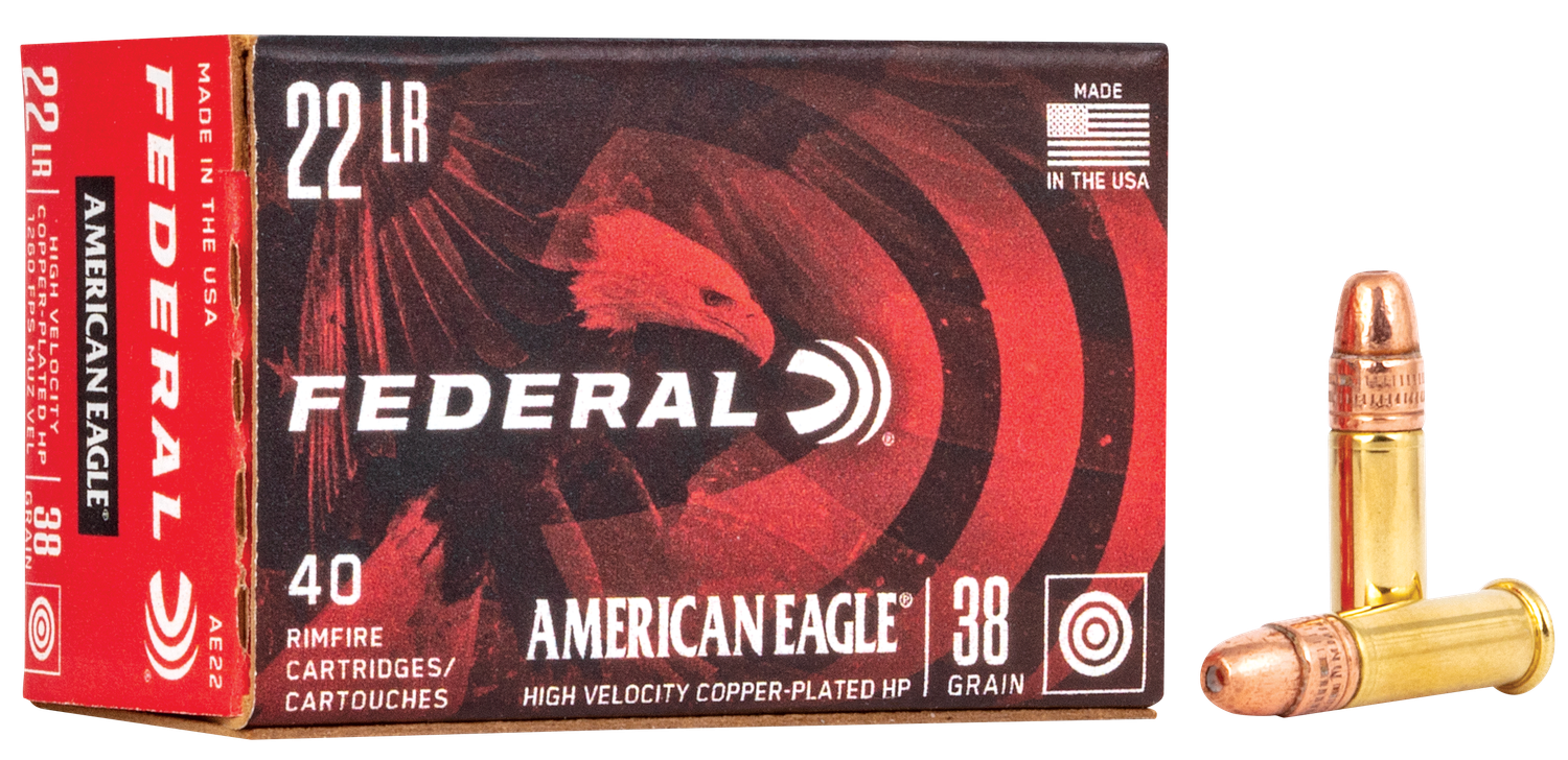 Federal American Eagle Rimfire Ammunition AE22, 22 Long Rifle, Copper Plated HP, 38 GR, 1260 fps, 40 Rd/bx