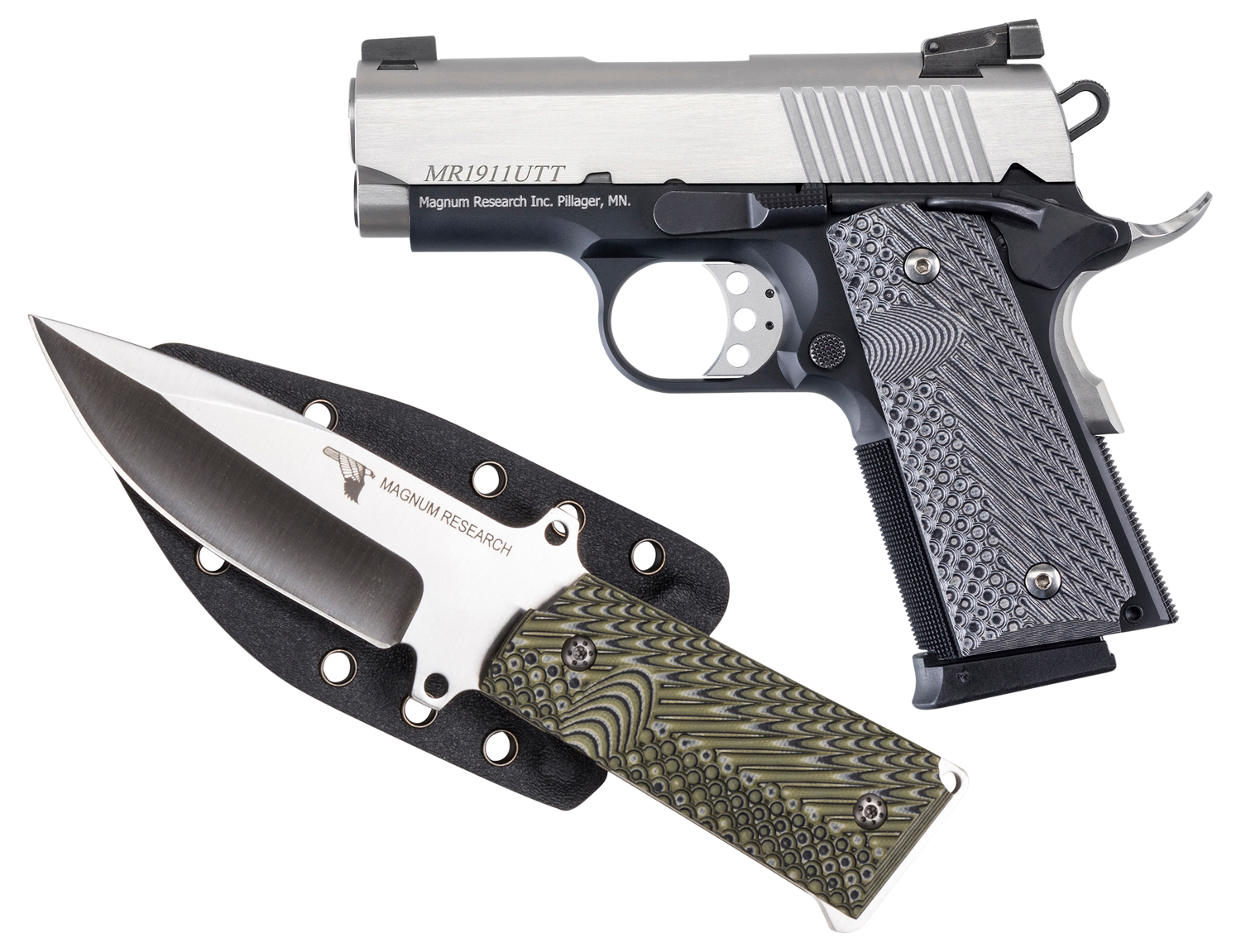 Mag Research 1911U, DE1911UTTK, 45 ACP, 3", G10 Grips, Two-Tone Finish, w/Knife, 6 Rds