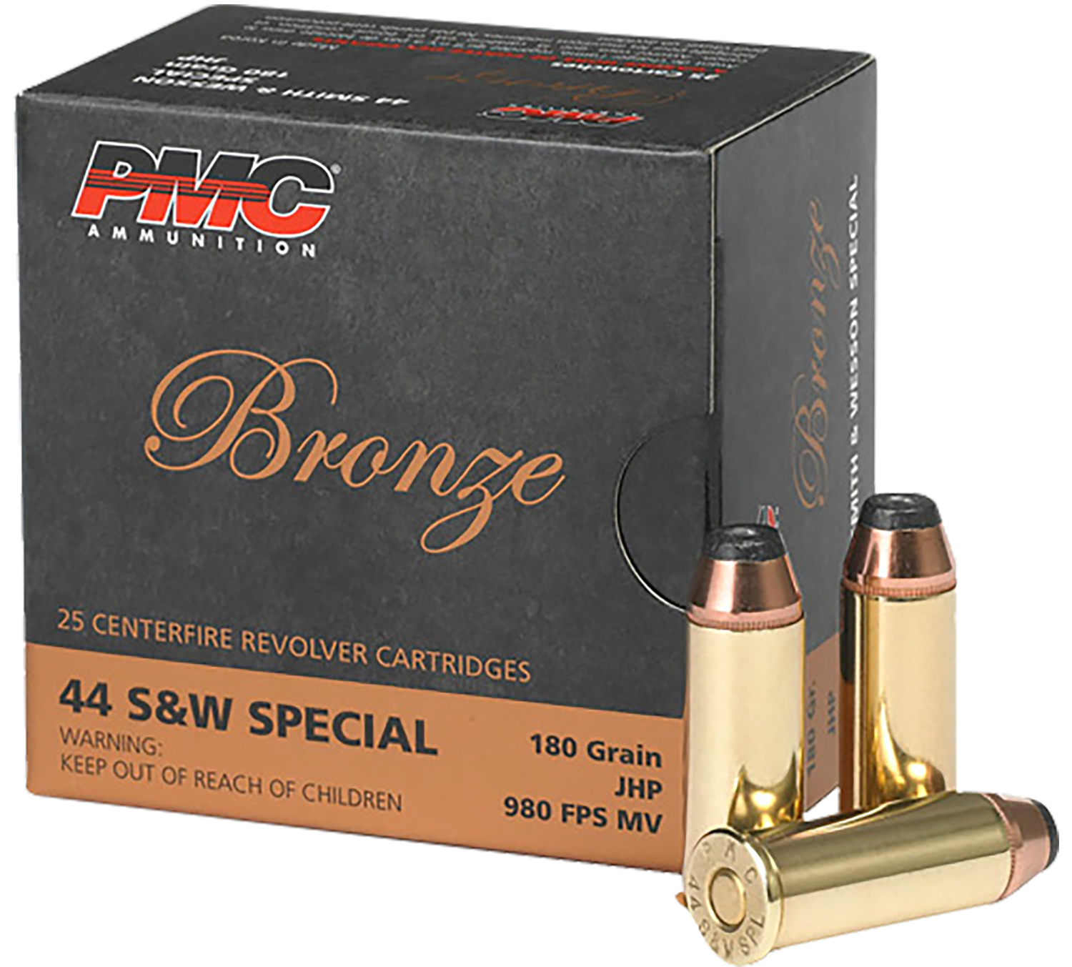 PMC Bronze Line Handgun Ammunition 44SB, 44 Special, Jacketed Hollow Point (JHP), 180 GR, 980 fps, 25 Rd/bx