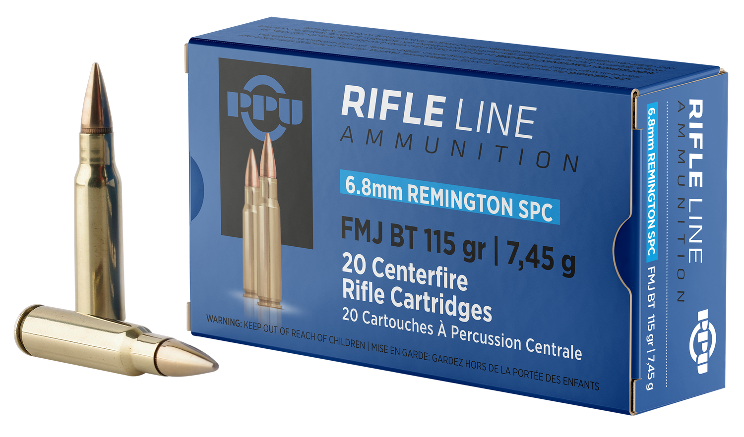 Prvi Partizan Rifle Ammunition PP68F, 6.8mm Rem SPC, Full Metal Jacket Boat Tail, 115 gr, 2625 fps, 20 Rd/Bx