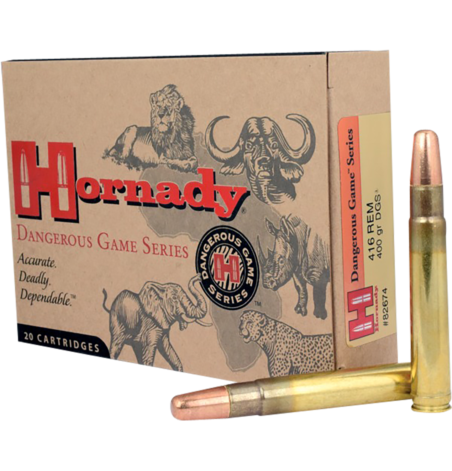 Hornady DGS Rifle Ammunition 82674, 416 Remington Magnum, Dangerous Game Solid, 400 GR, 2400 fps, 20 Rd/bx