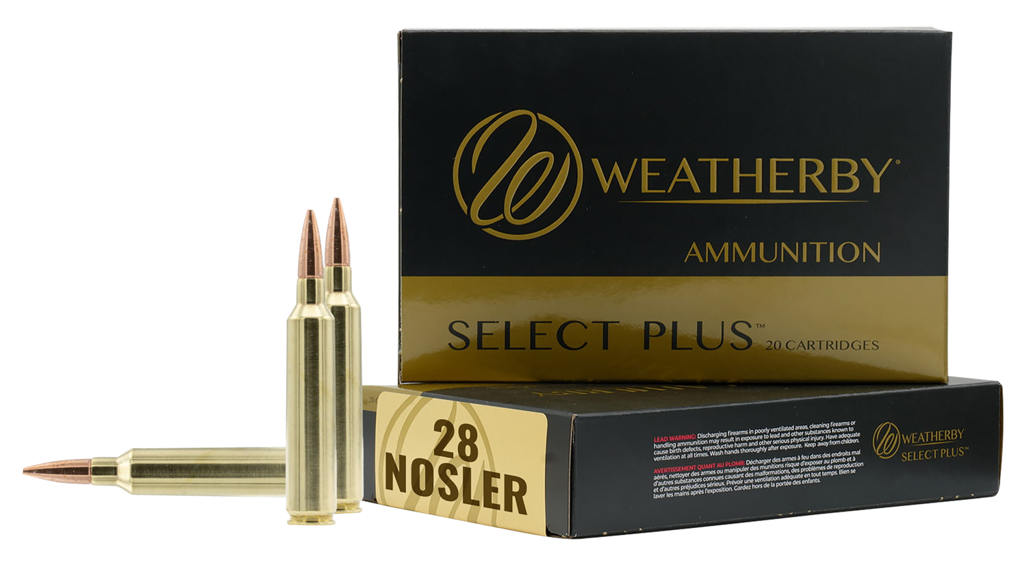 Weatherby Select Plus Rifle Ammunition M28NS163HCB, 28 Nosler, Hammer Custom, 163 gr, 3175 fps, 20 Rd/Bx