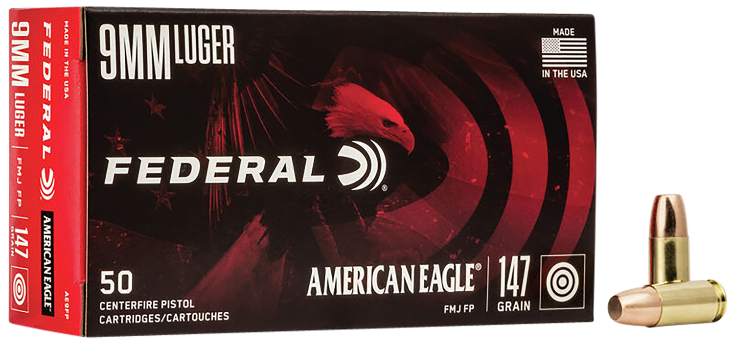 Federal American Eagle Pistol Ammunition AE9FP, 9mm, Full Metal Jacket (FMJ), 147 GR, 1000 fps, 50 Rd/bx