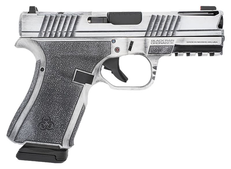 Black Rain Ordnance Frontline+ Optic Ready Pistol FLP9MMWB, 9mm Luger, 4in, Black Polymer, Bright White Battleworn Finish, 15 Rds
