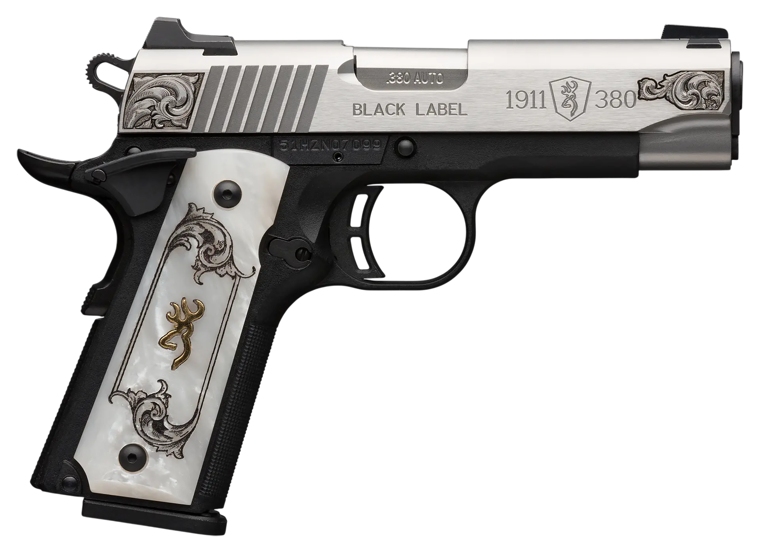Browning Arms 1911 Black Label Medallion Pistol 051967492, 380 ACP, 3.63", White Pearl Grips, Engraved Stainless Finish, 10 Rds