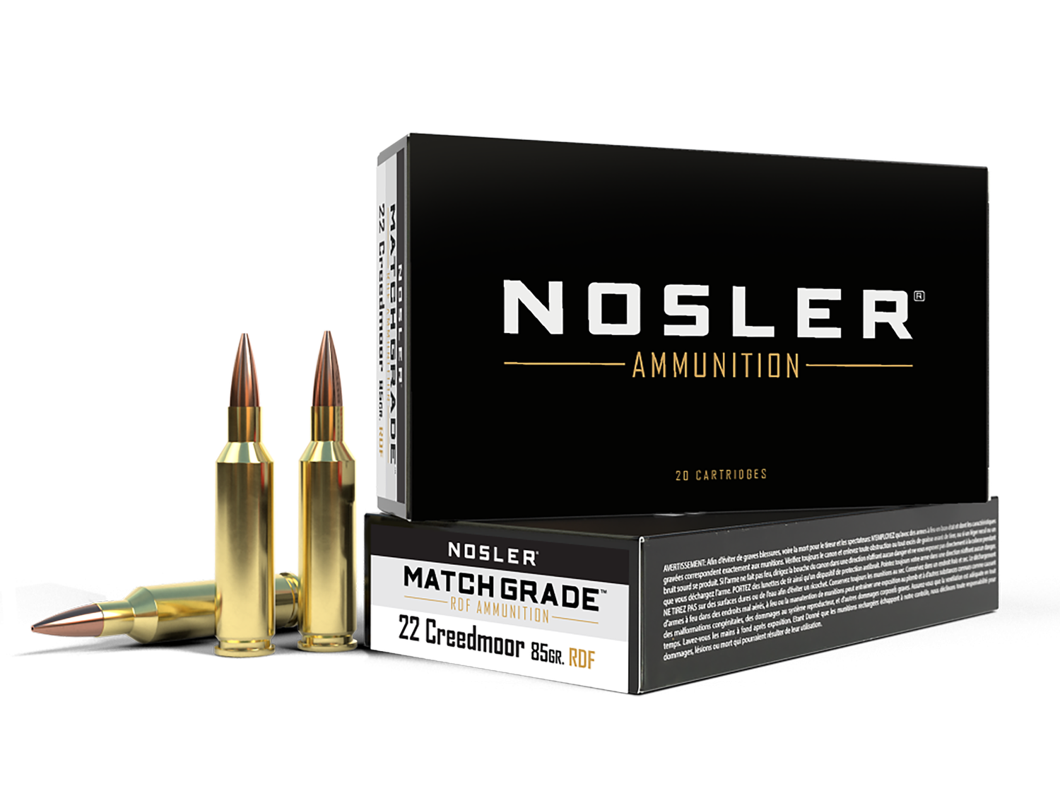 Nosler Match Grade Rifle Ammunition 51297, 22 Creedmoor, RDF Hollow Point Boat Tail, 85 gr, 3175 fps, 20 Rd/Bx