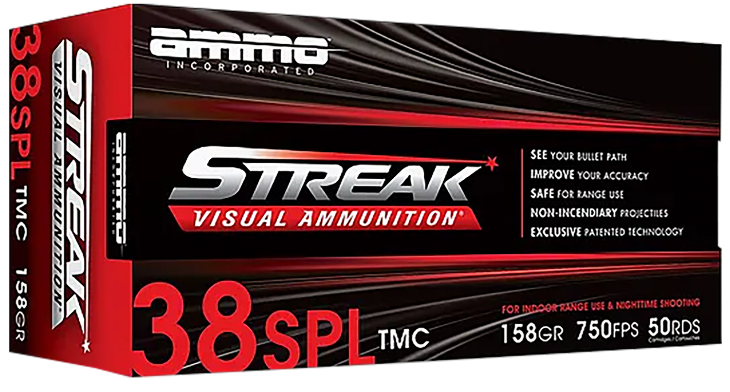 Ammo Inc Streak Visual (RED) Pistol Ammunition 38158TMCSTRKRED50, 38 Special, Total Metal Case, 158  GR, 750  fps, 50 Rd/bx