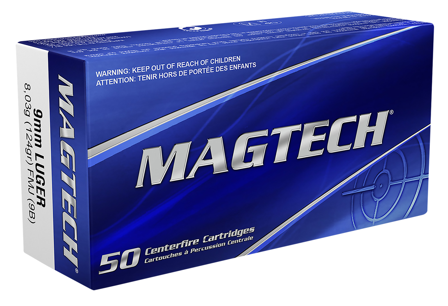 Magtech Sport HuntingPistol Ammunition 9B, 9mm, Full Metal Case (FMJ), 124 GR, 1109 fps, 50 Rd/bx