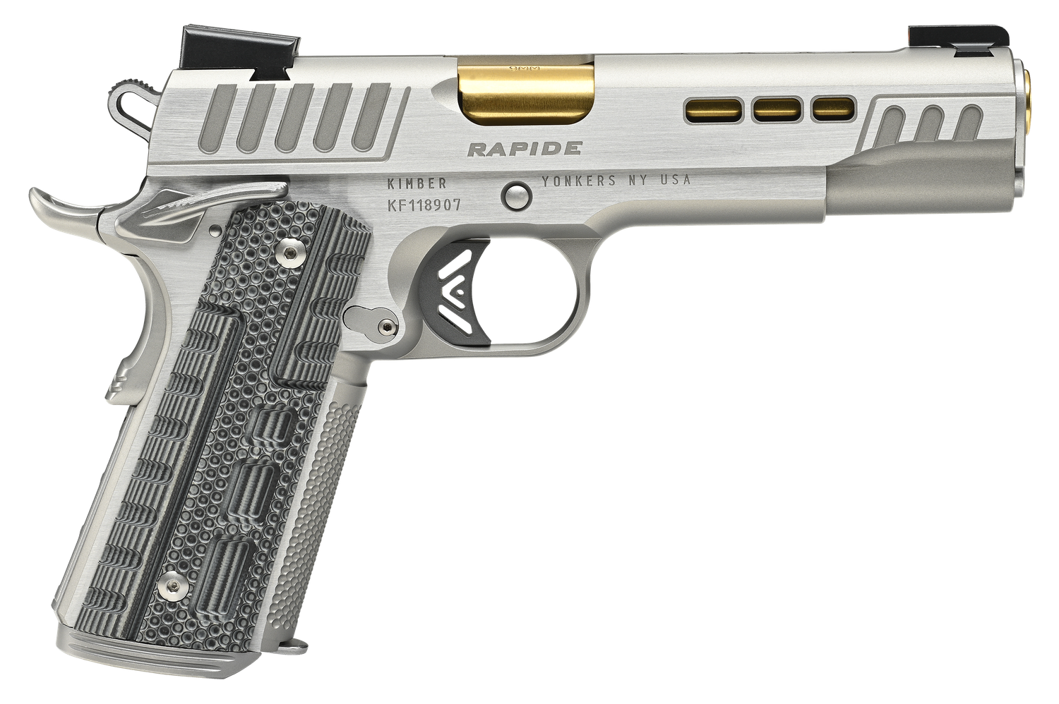 Kimber 3000423 Rapide (Dawn) Pistol - 45 ACP, 5", Gray/black Rapide G10 Grips, Silver KimPro II Finish, 8 Rds
