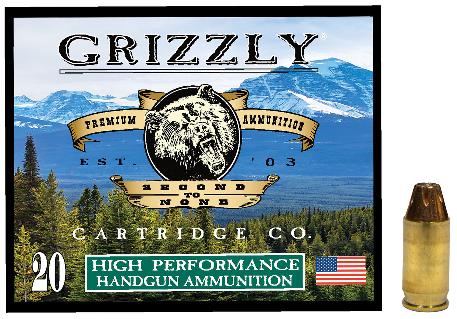 Grizzly Ammunition High Performance Pistol Ammunition GC38A1, 380 ACP, Jacketed Hollow Point (JHP), 90  GR, 1200  fps, 20 Rd/bx