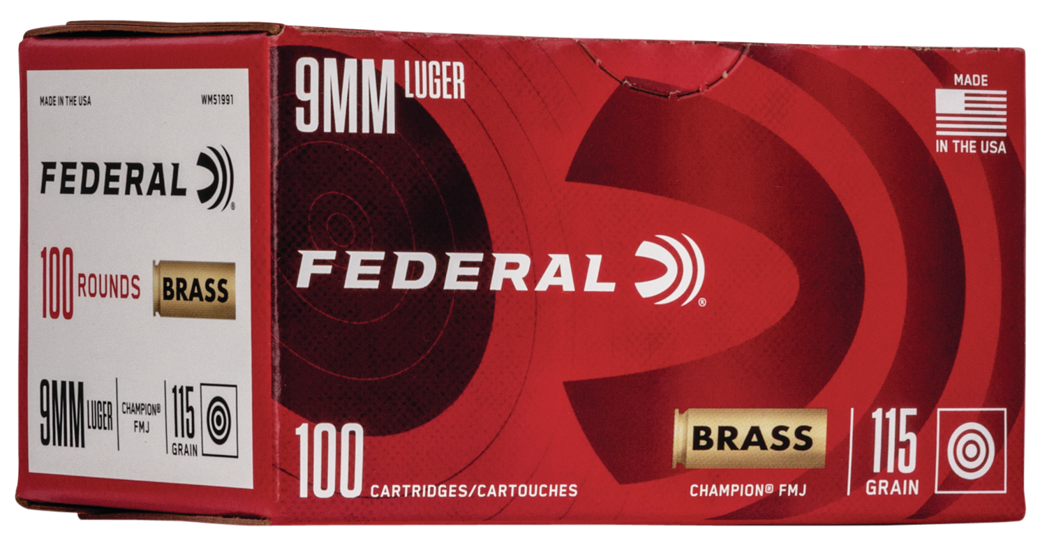 Federal Champion Pistol Ammunition WM51991, 9mm, Full Metal Jacket (FMJ), 115 GR, 1125 fps, 100 Rd/bx