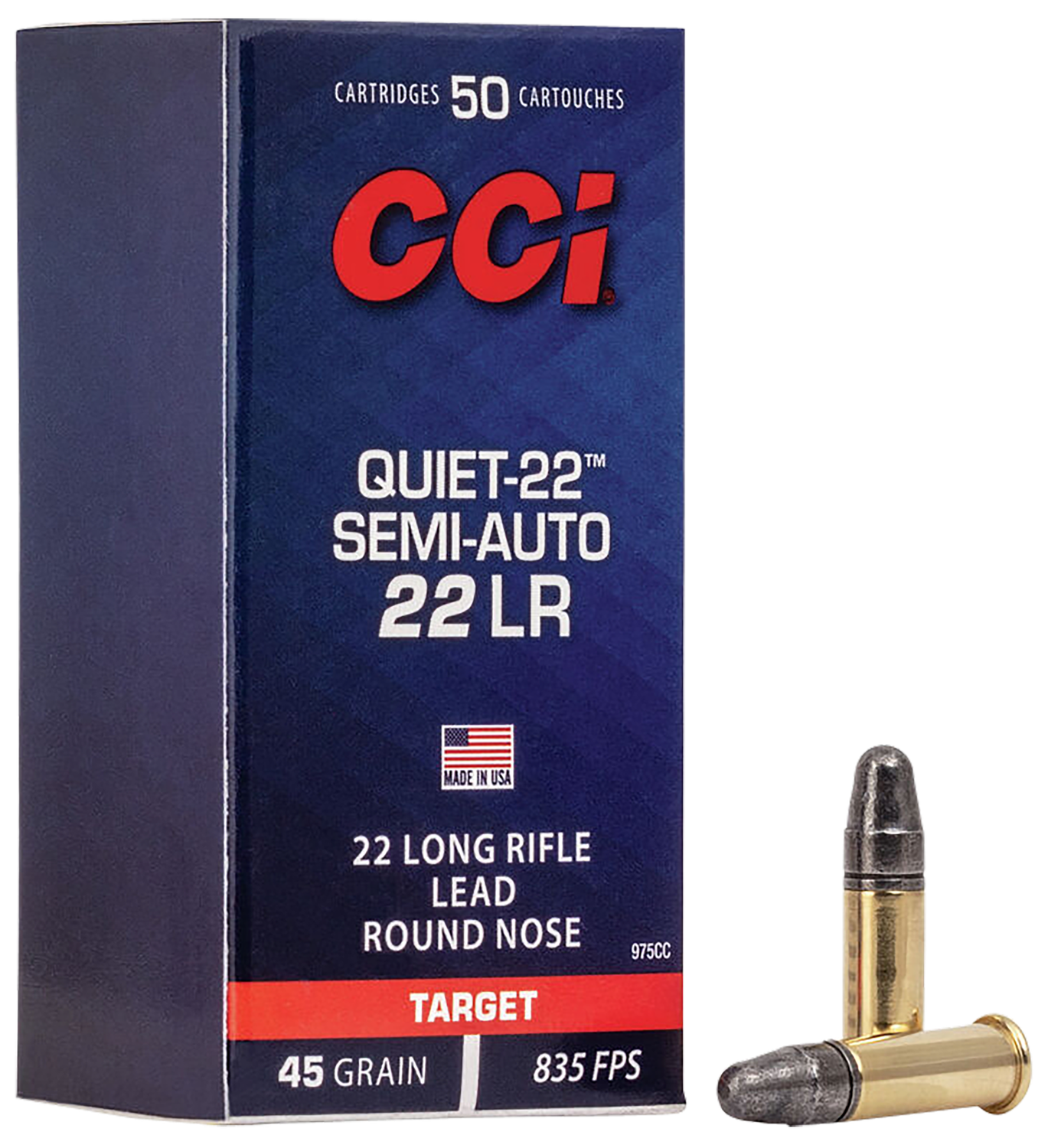 CCI Quiet-22 Semi-Auto Rimfire Ammunition 975CC, 22 Long Rifle, Lead  Round Nose (RN), 45 GR, 835 fps, 50 Rd/bx