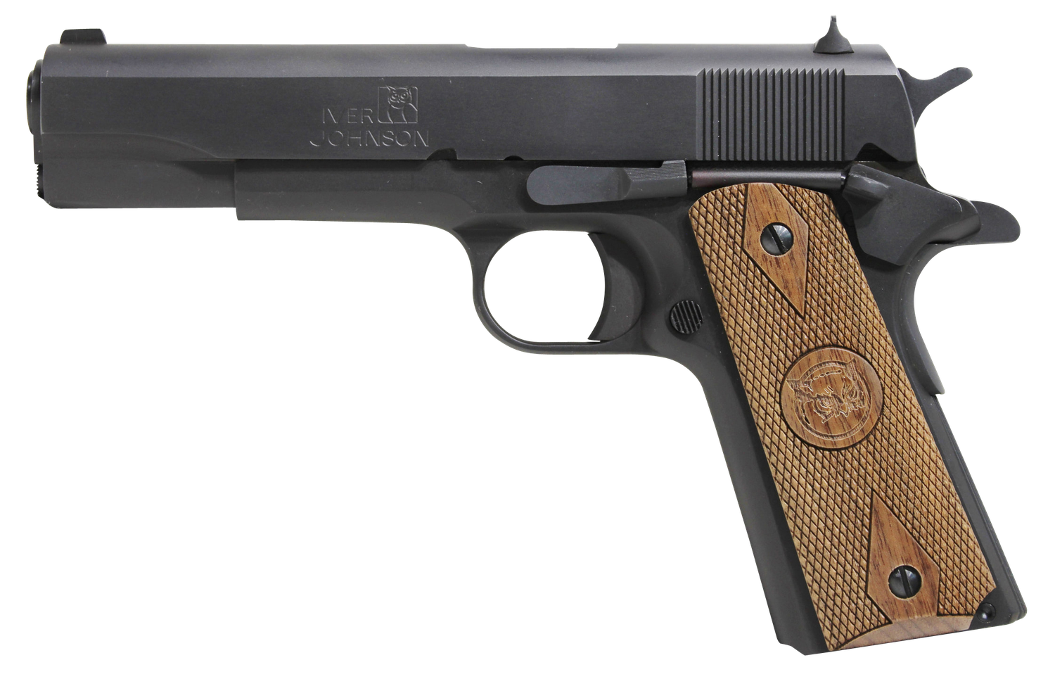 Iver Johnson 1911 A1 Pistol 1911A1938, 38 Super, 5in, Double Diamond Checkered Walnut Grips, Matte Blued Finish, 9 Rds