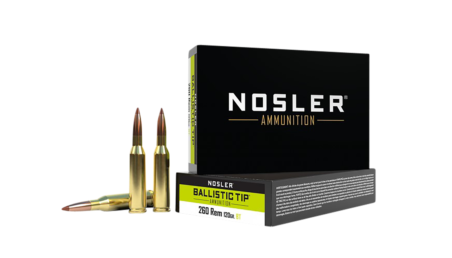 Nosler Rifle Ammunition 40056, 260 Rem, Ballistic Tip, 120 gr, 2850 fps, 20 Rd/Bx