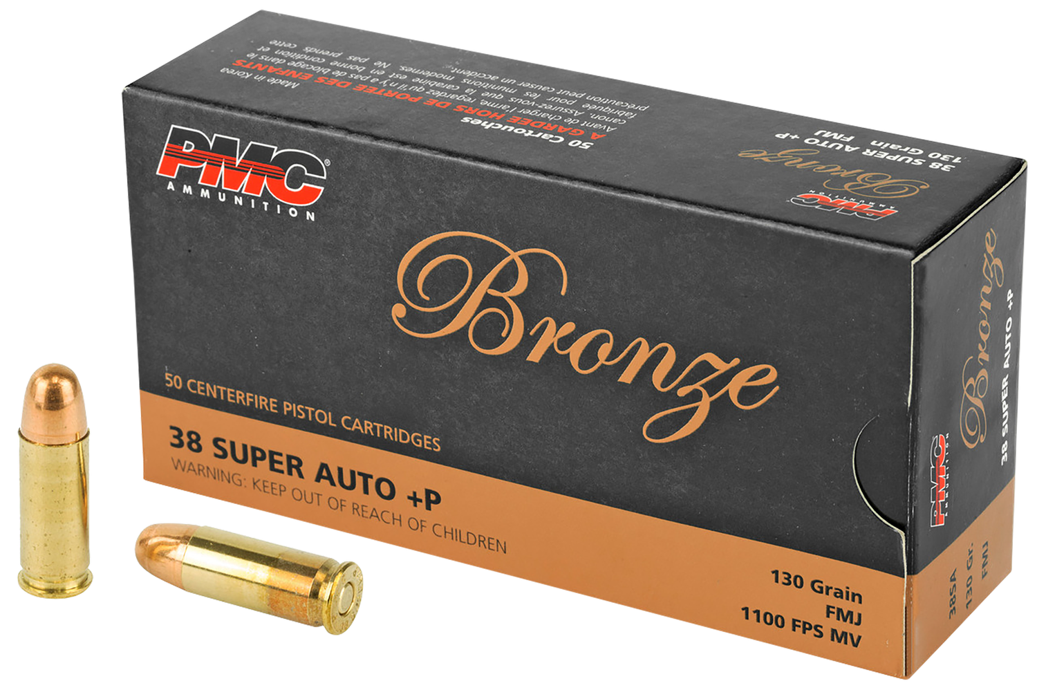 PMC Bronze Line Handgun Ammunition 38SA, 38 Super Auto +P, Full Metal Jacket (FMJ), 130 GR, 1090 fps, 50 Rd/bx