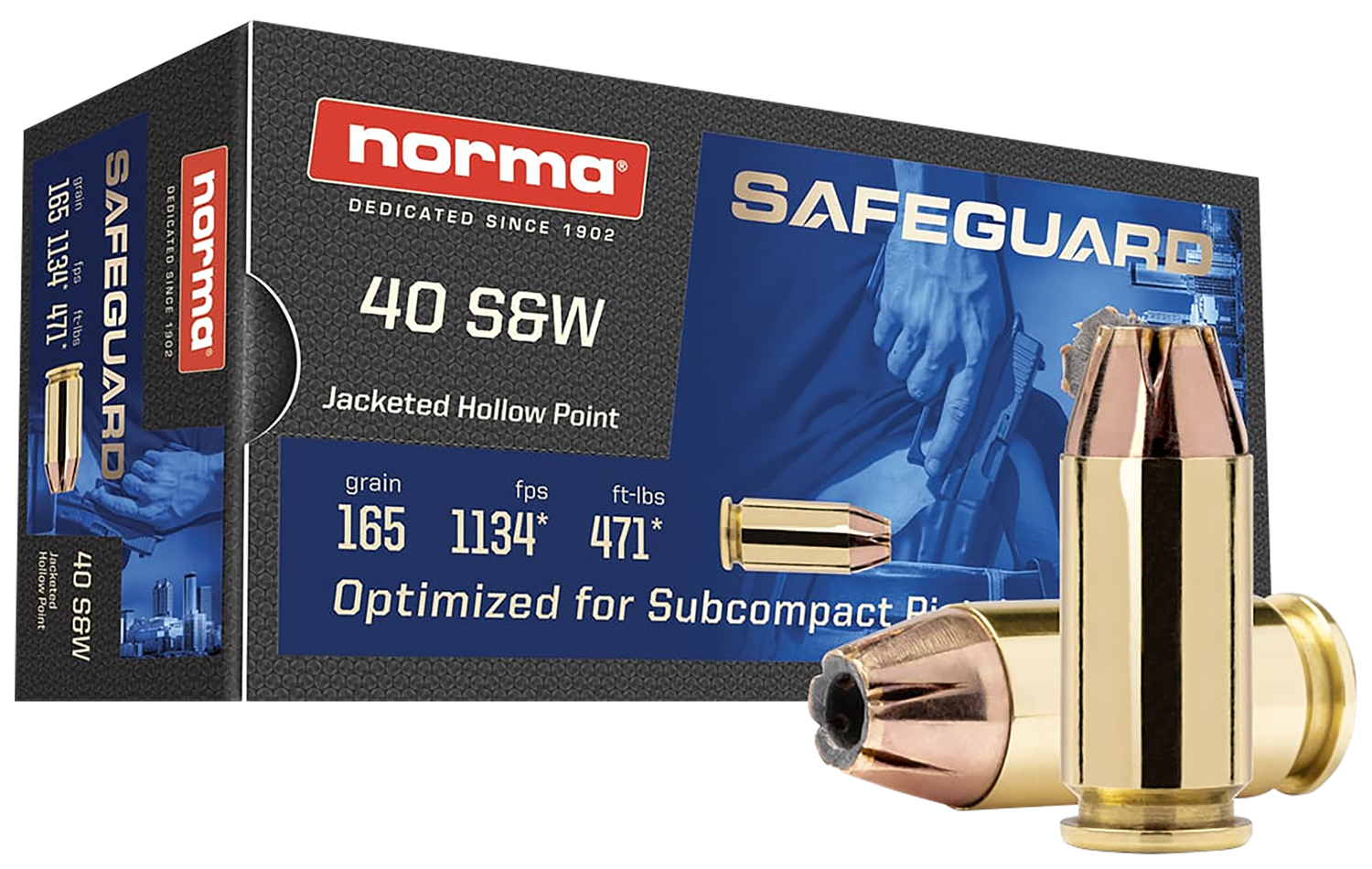 Norma Safeguard Pistol Ammunition 801407887, 40 S&W, JHP, 165 gr, 1134 fps, 50 Rd/Bx