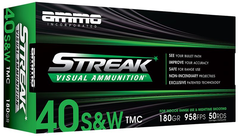 Ammo Inc Streak Visual (GREEN) Pistol Ammunition 40180TMCSTRKGRN50, 40 S&W, Total Metal Case, 180  GR, 958  fps, 50 Rd/bx