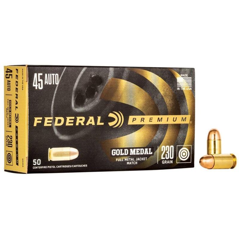 Federal Premium Gold Medal Pistol Ammunition GM45A, 45 ACP, Full Metal Jacket (FMJ), 230 GR, 860 fps, 50 Rd/bx