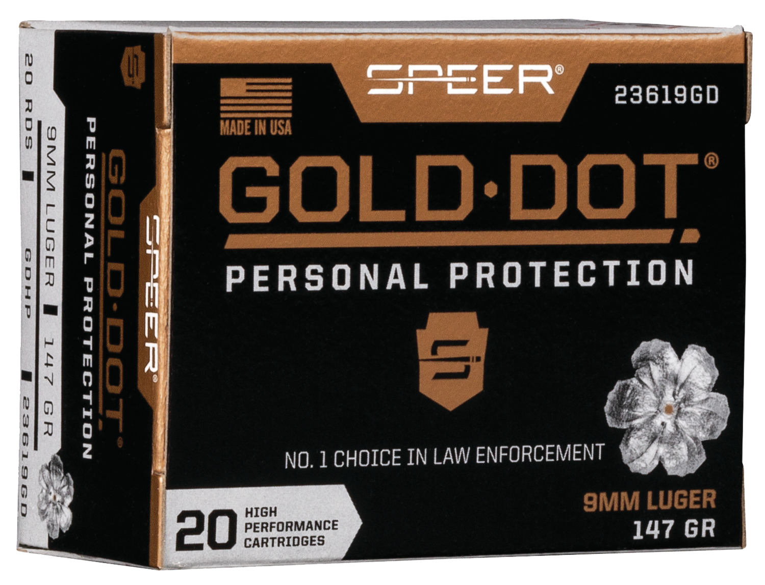 Speer Gold Dot Personal Protection Handgun Ammunition 23619GD, 9MM, Gold Dot HP,  147 GR, 985 fps, 20 Rd/bx