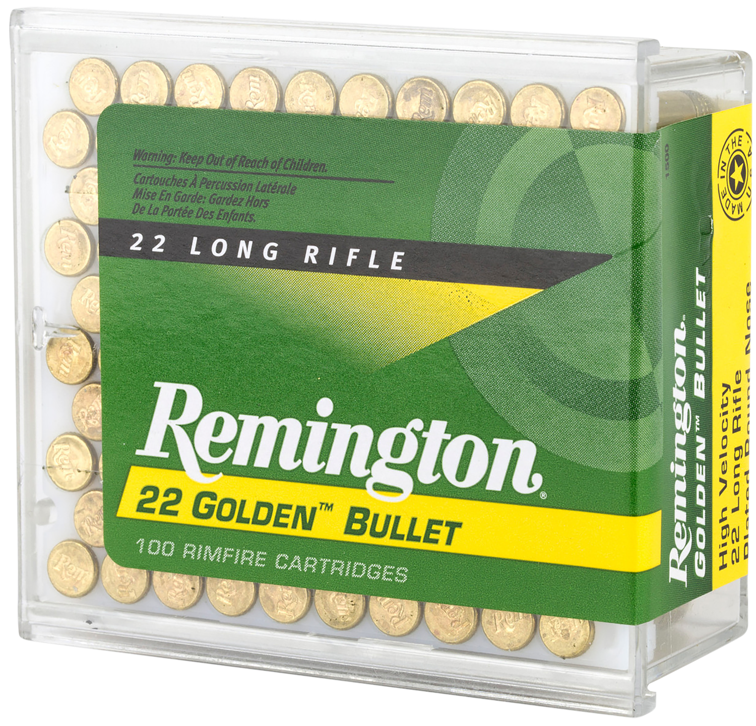 Remington Golden Bullet Rimfire Ammunition 1500, 22 Long Rifle, Plated Lead Round Nose (RN), 40 GR, 1255 fps, 100 Rd/bx
