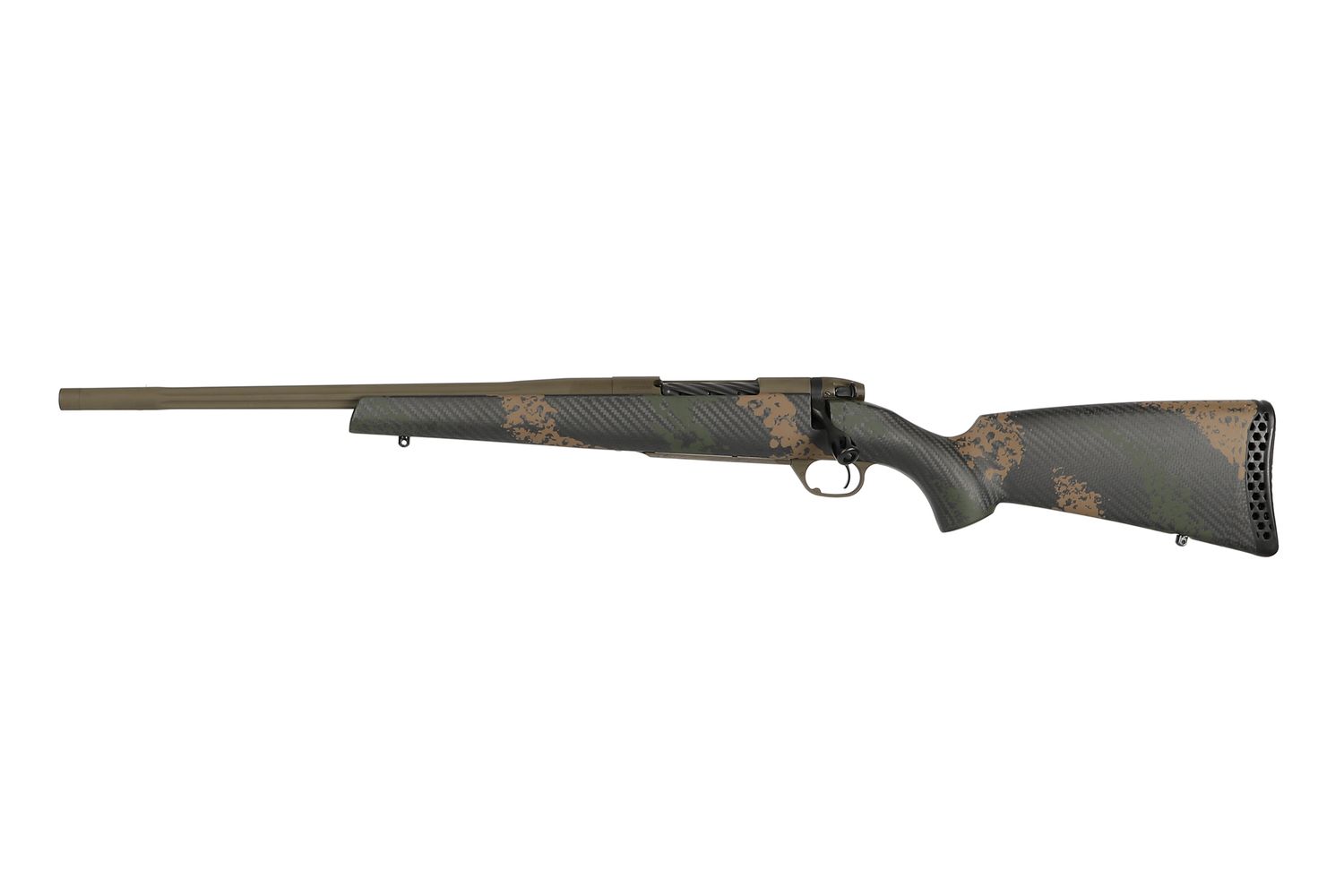 Weatherby Mark V Backcountry 2.0 Left-Hand Rifle MBC20N338WL0B, 338 Weatherby RPM, 18", Carbon Fiber W/green & Brown Stock, 4 Rds