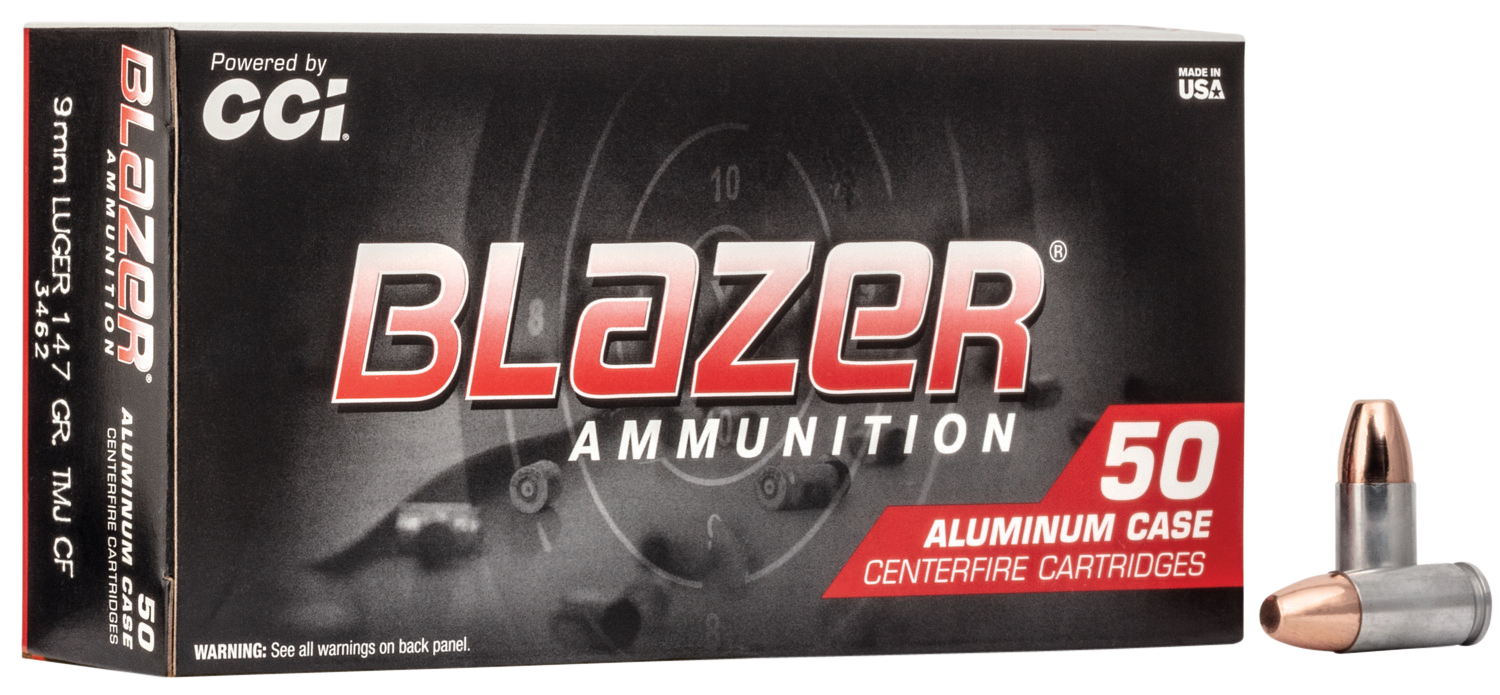 CCI Blazer Handgun Ammunition 3462, 9MM, Total Metal Jacket, 147 GR, 985 fps, 50 Rd/Bx