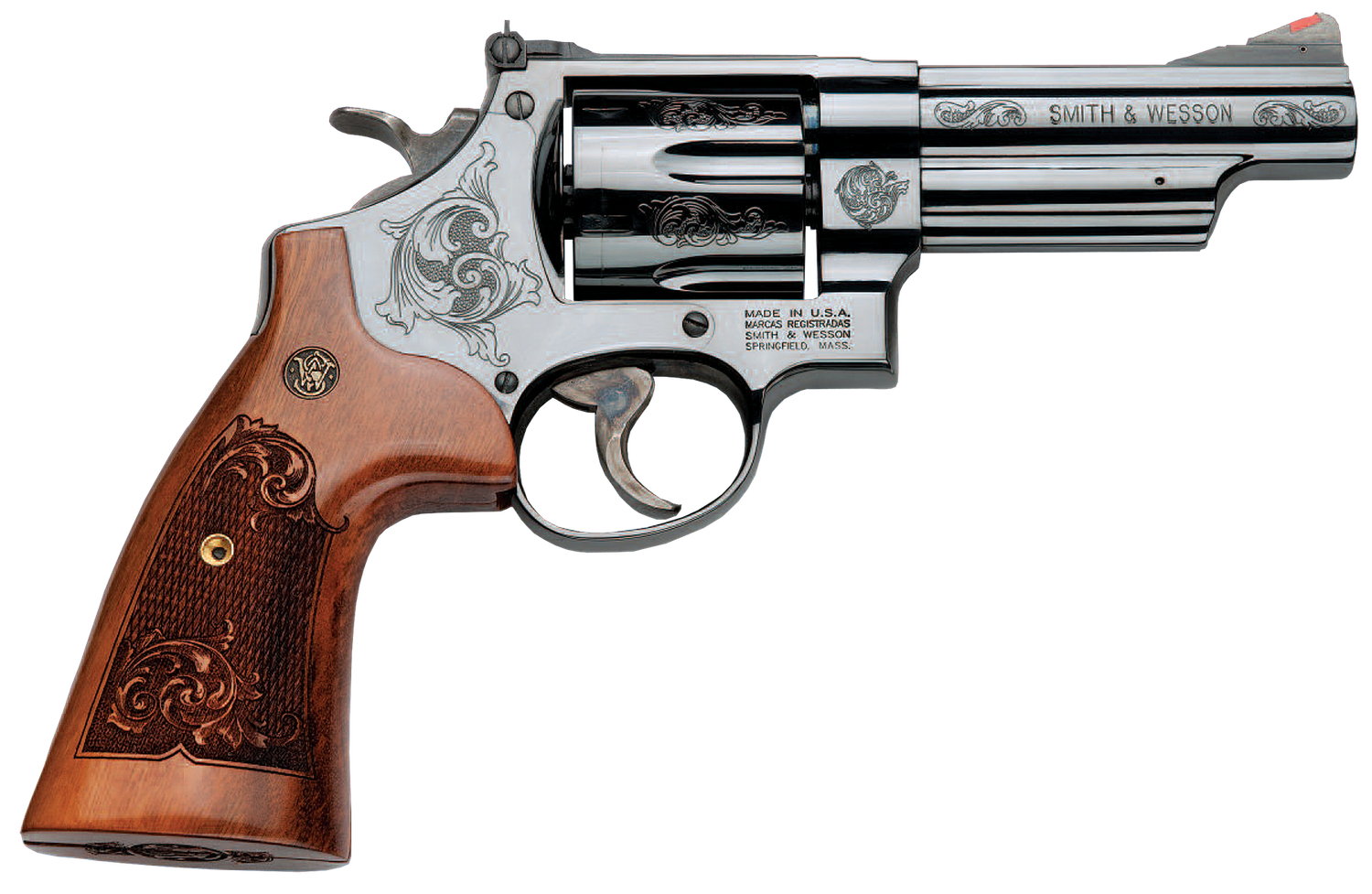 Smith & Wesson Model 29 Revolver 150783, 44 Rem Mag, 4", Engraved Wood Grip, Blued Engraved Finish, 6 Rds