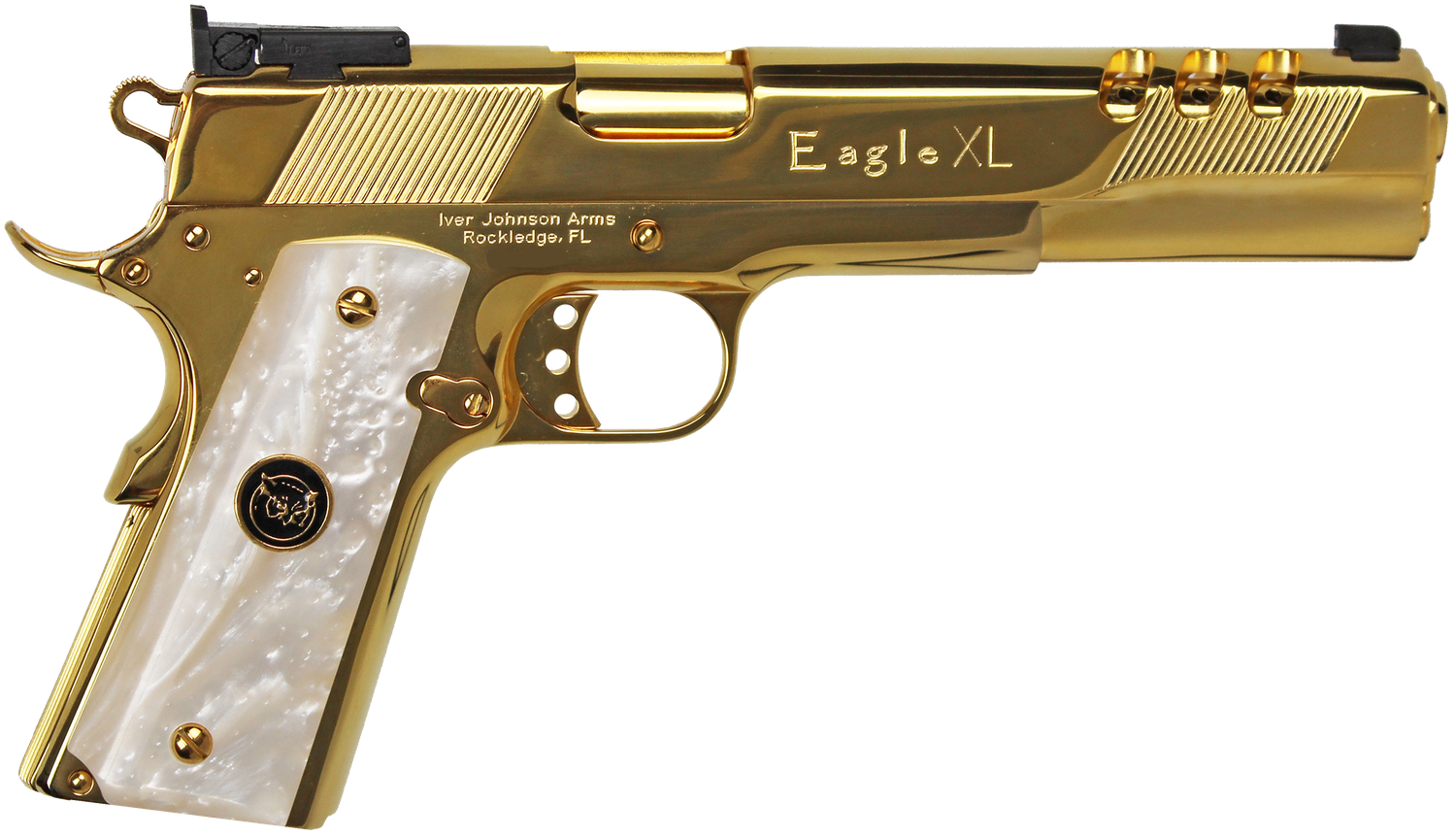 Iver Johnson Golden Eagle XL Deluxe Pistol GOLDEAGLEXL10WP, 10mm Auto, 6in, Synthetic White Pearl w/Iver Johnson Logo, 24K Gold Plated Finish, 8 Rds