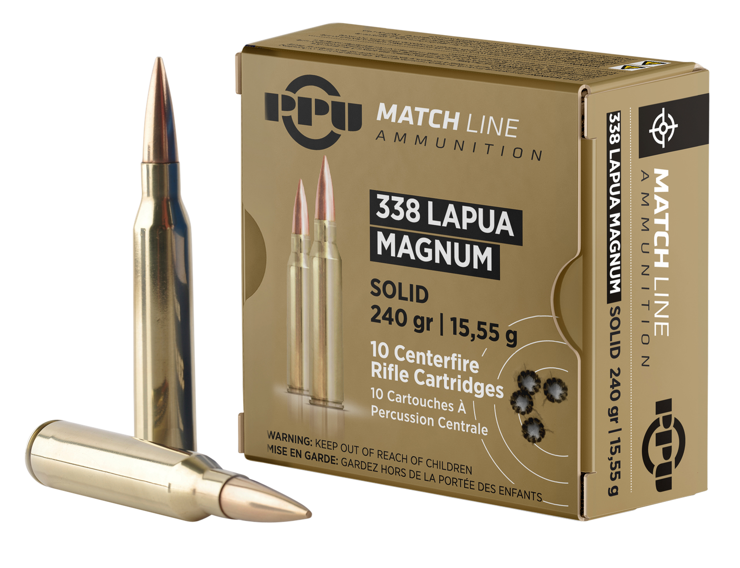 Prvi Partizan Rifle Ammunition PPM338, 338 Lapua Mag, Copper Solid, 240 gr, 2985 fps, 10 Rd/Bx