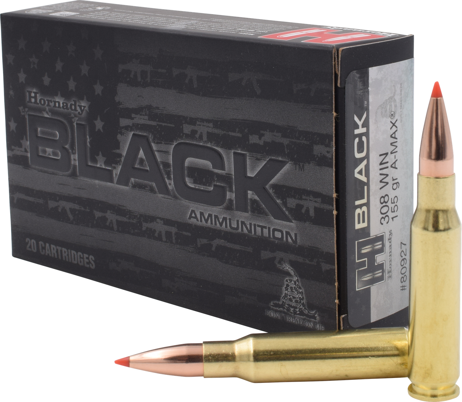 Hornady Black Rifle Ammunition 80927, 308 Winchester, A-Max, 155 GR, 2850 fps, 20 Rd/bx