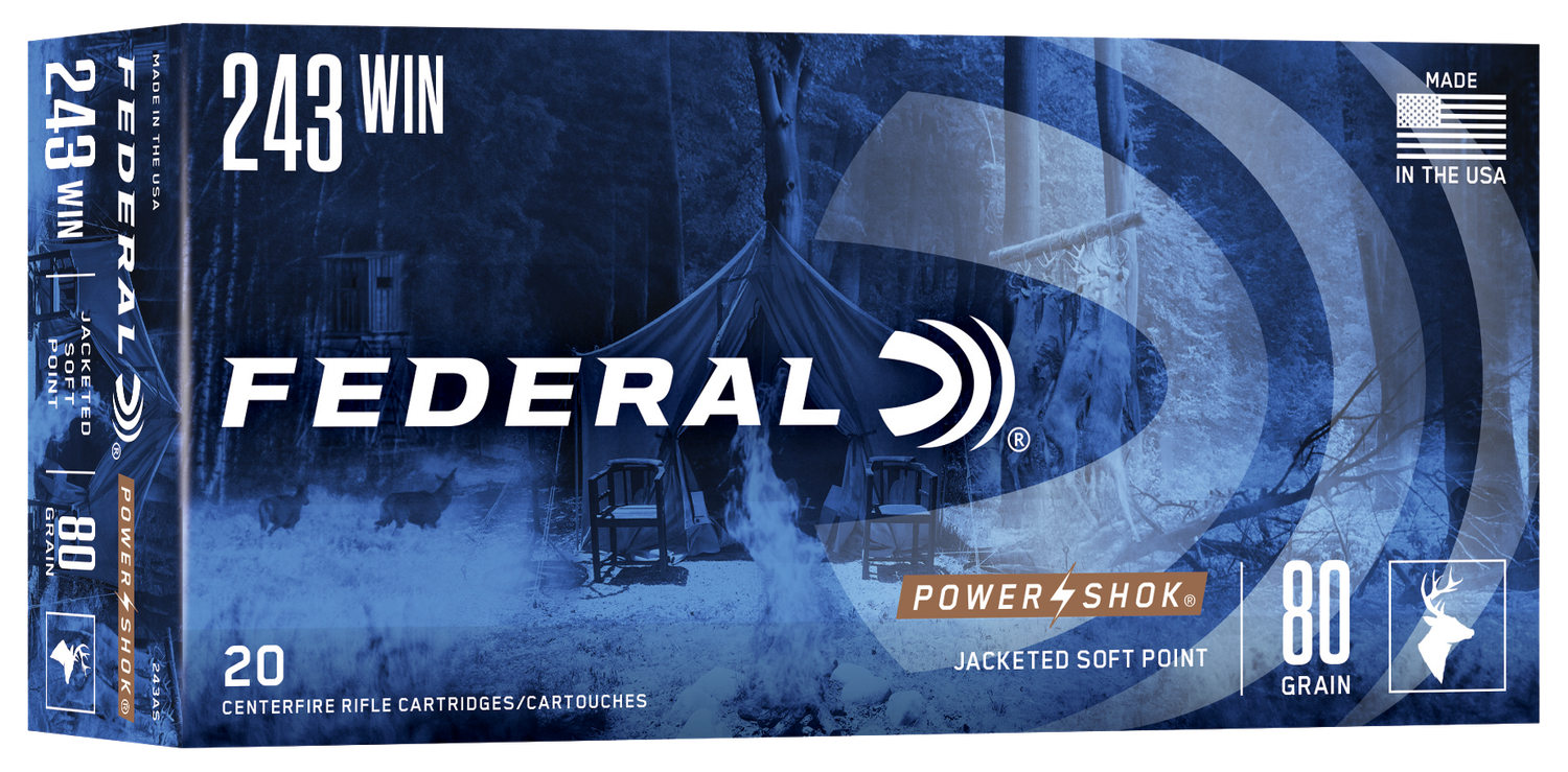 Federal Premium Power Shok Rifle Ammunition 243AS, 243 Winchester, Speer Hot-Cor SP, 80 GR, 3330 fps, 20 Rd/bx